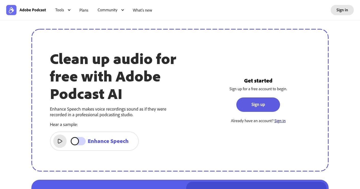 Adobe Podcast Enhance Speech tool homepage