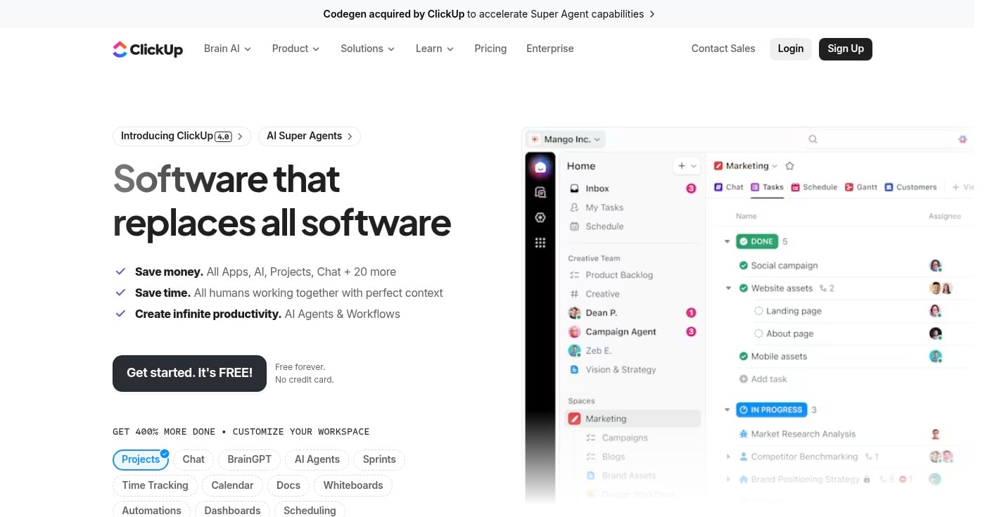 Screenshot of ClickUp homepage