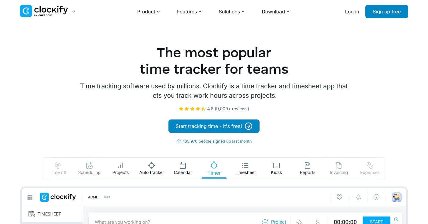 Clockify time tracking software homepage