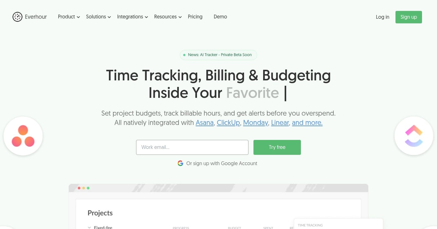 Everhour homepage screenshot