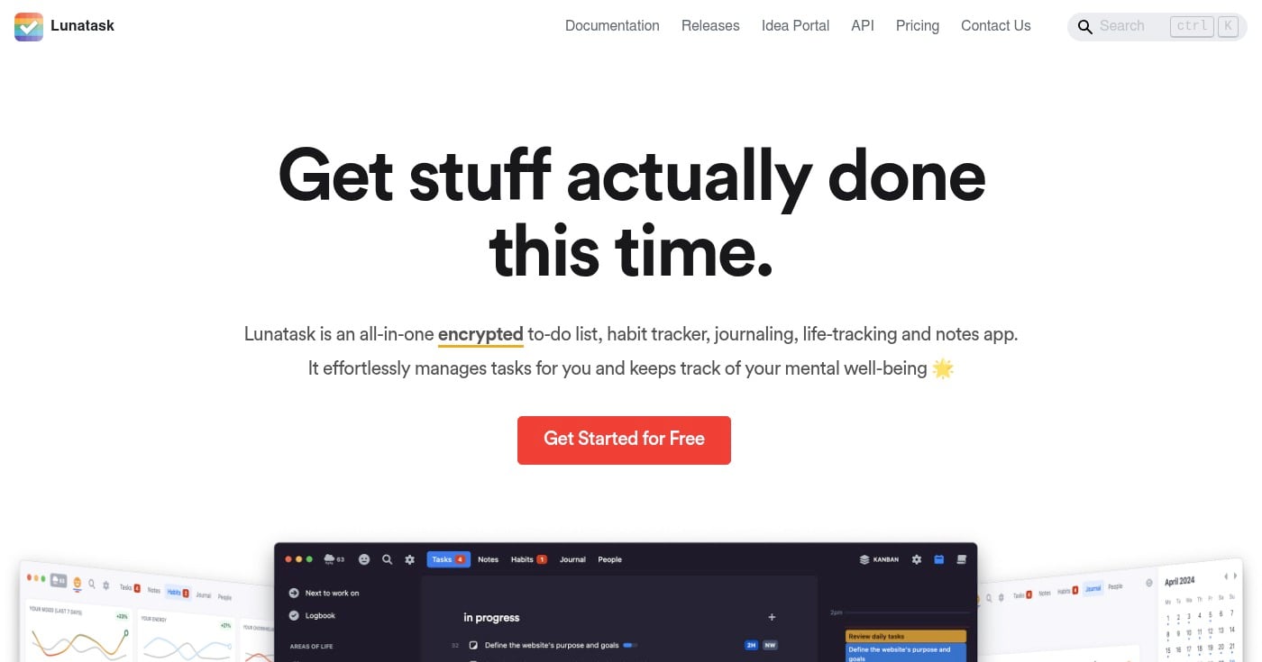 Lunatask privacy-focused to-do app homepage screenshot