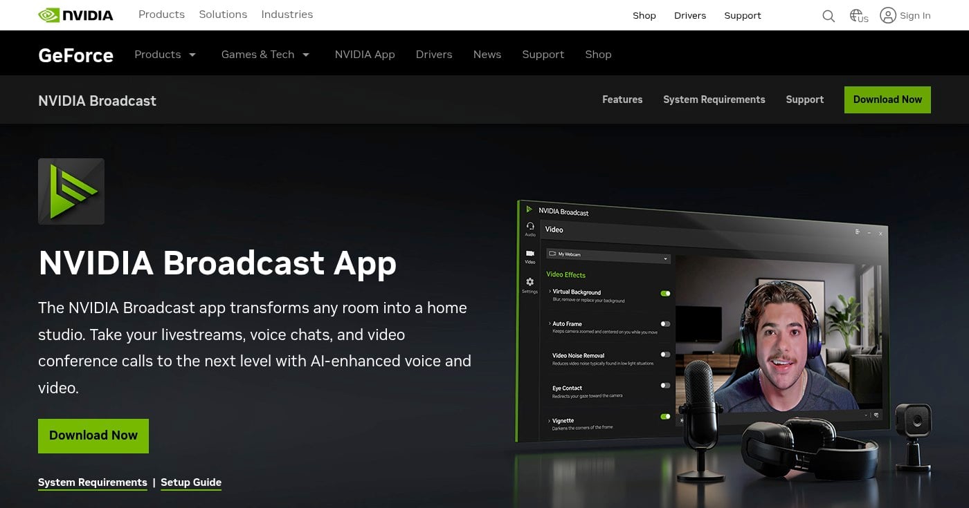 NVIDIA Broadcast app homepage