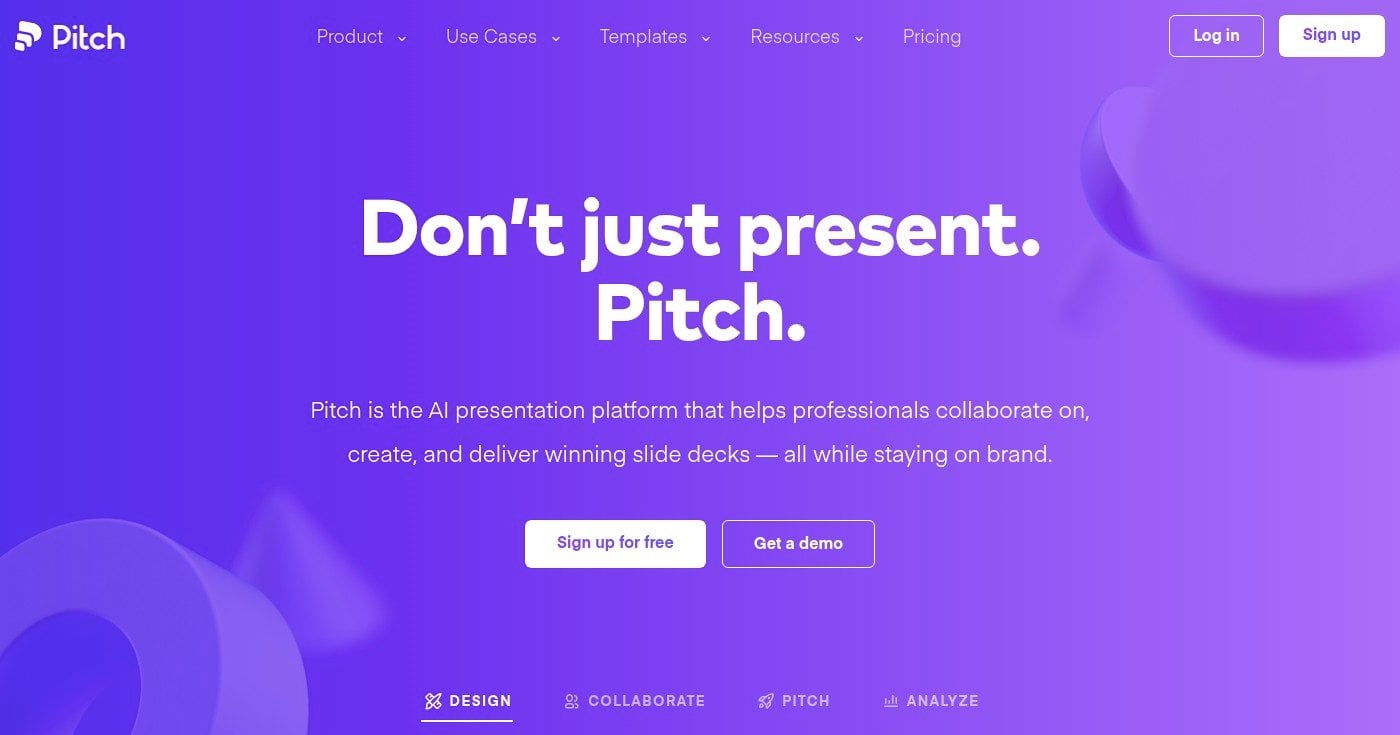 Pitch collaborative presentation platform homepage