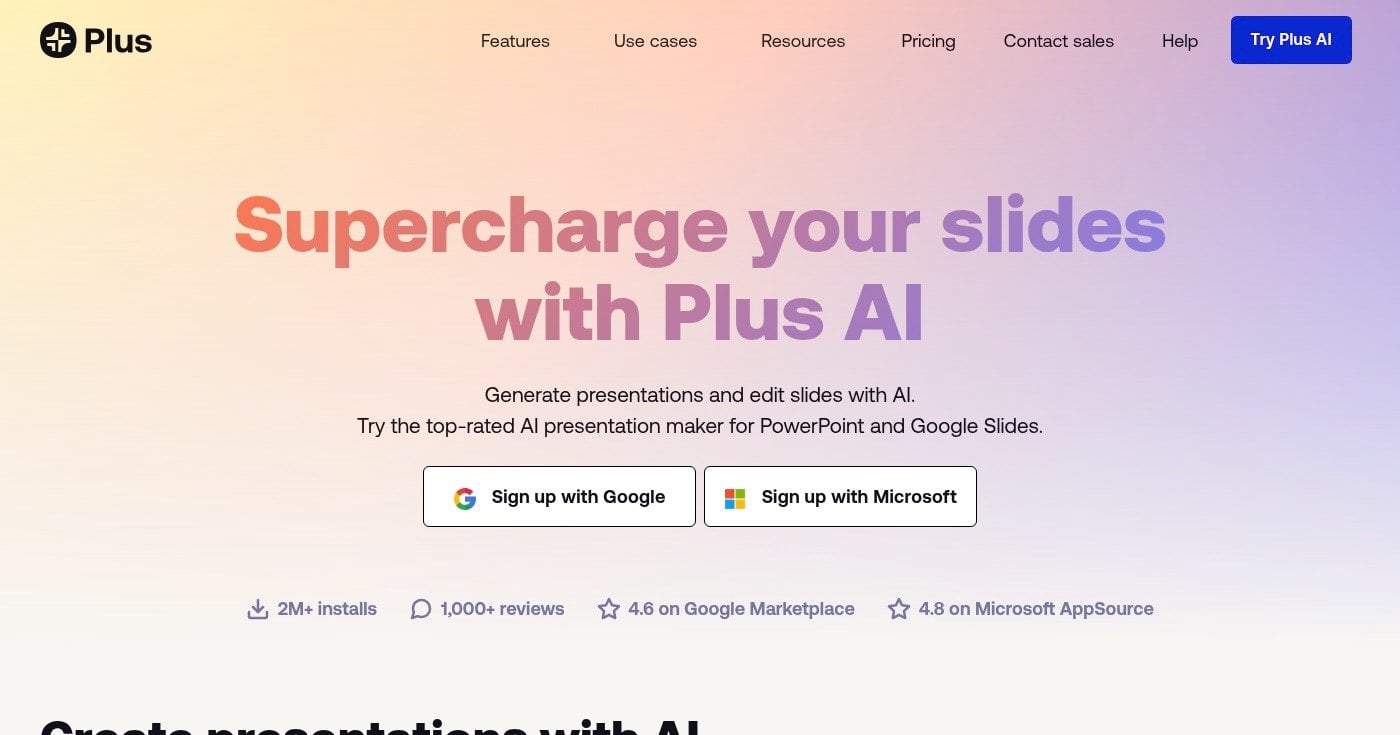 Plus AI PowerPoint and Google Slides add-in homepage