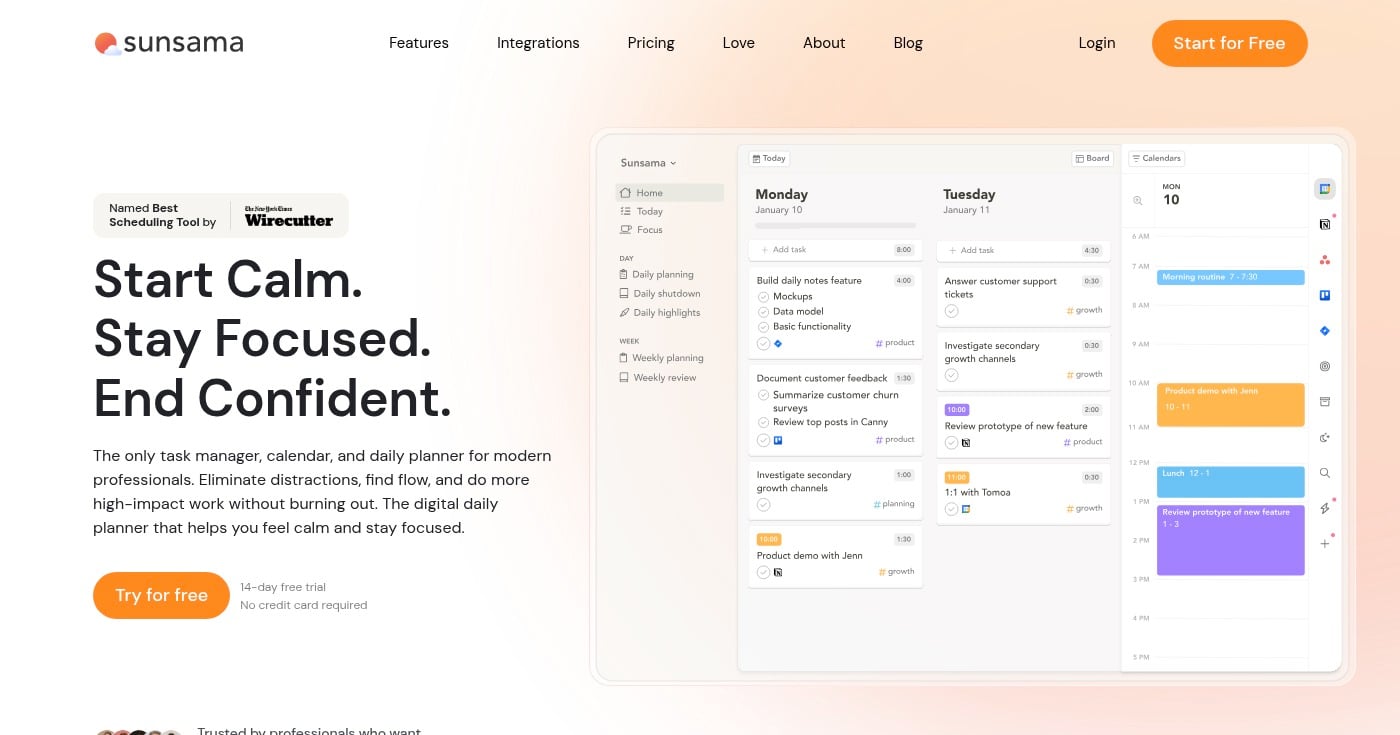 Sunsama daily planning app homepage screenshot