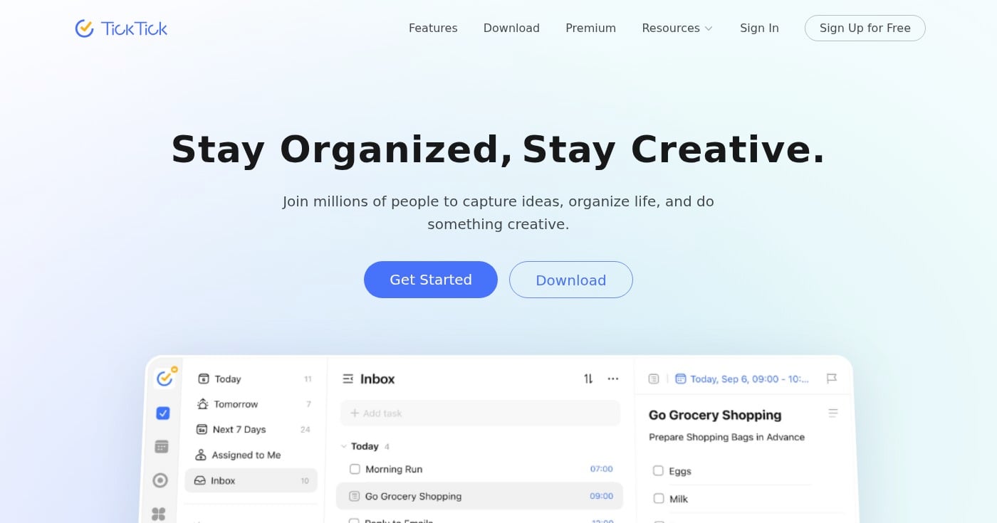TickTick to-do list app homepage screenshot