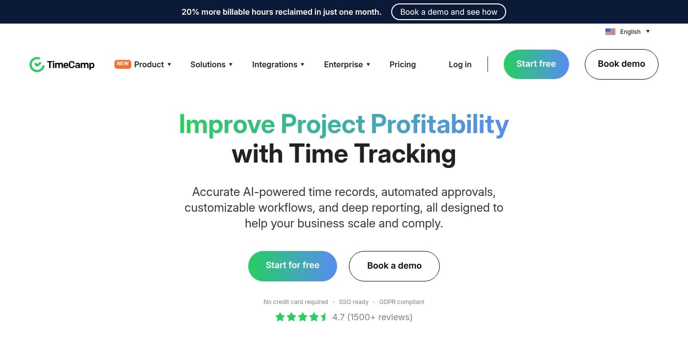 TimeCamp automatic time tracking software homepage