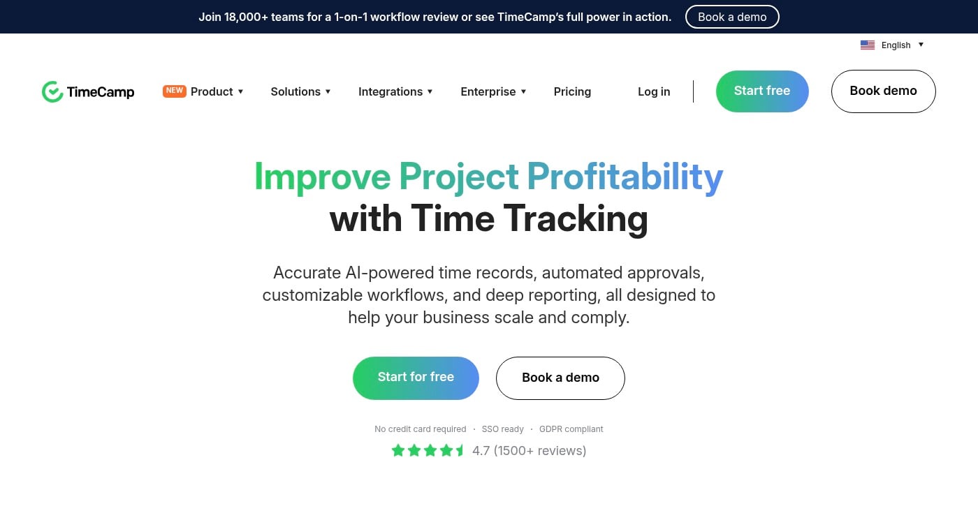 TimeCamp homepage screenshot
