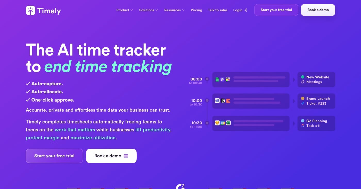 Timely AI-powered time tracking software homepage