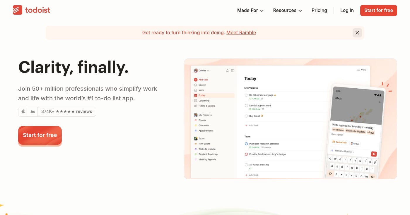 Todoist task manager homepage screenshot