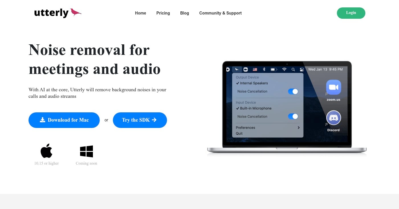 Utterly noise cancellation app for macOS homepage
