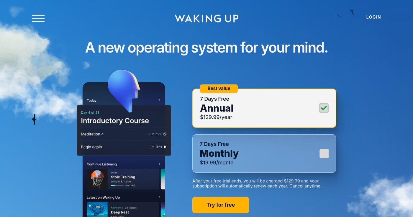 Waking Up meditation app homepage