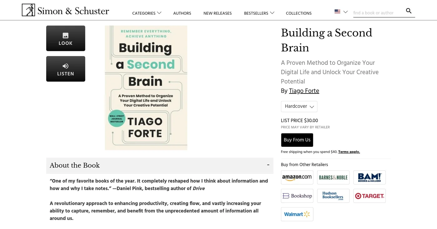 Building a Second Brain book page on Simon & Schuster