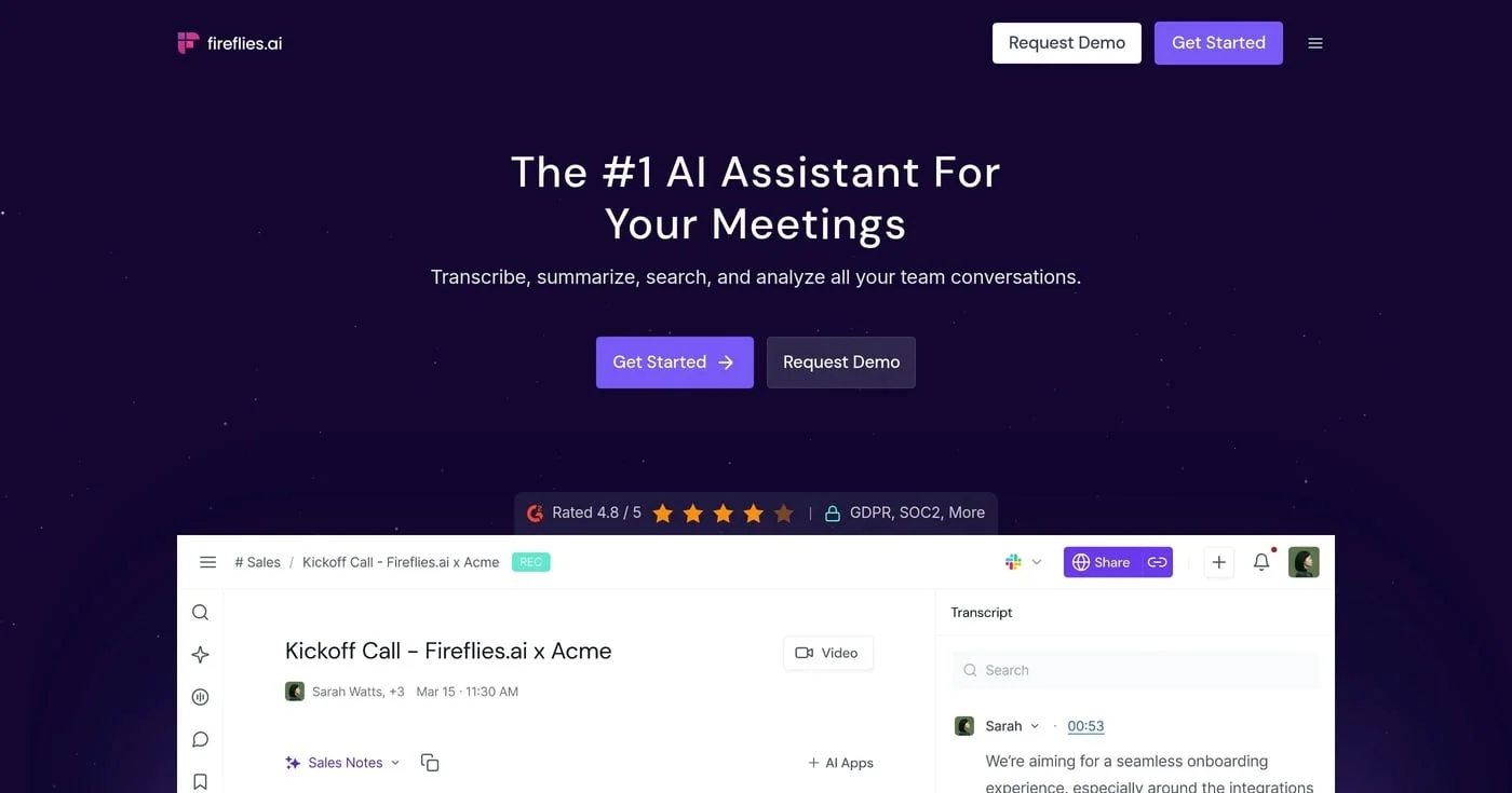 Fireflies AI homepage with meeting transcript dashboard