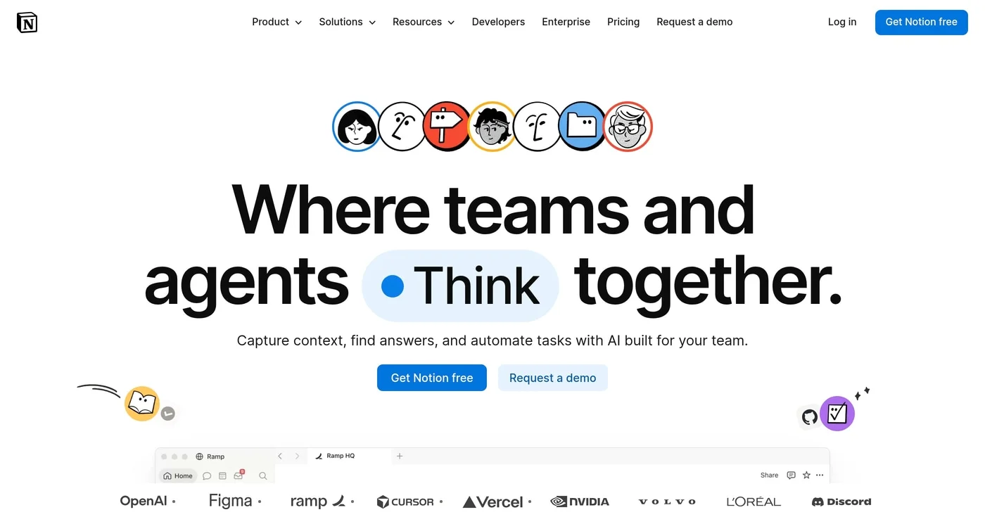Notion homepage with Where teams and agents Think together headline