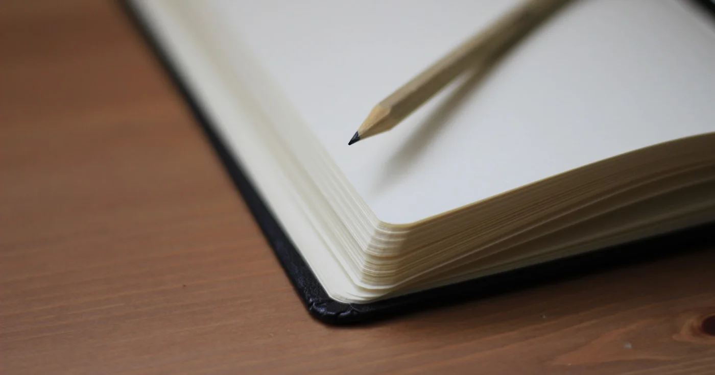 Open notebook with a pencil on a wooden desk